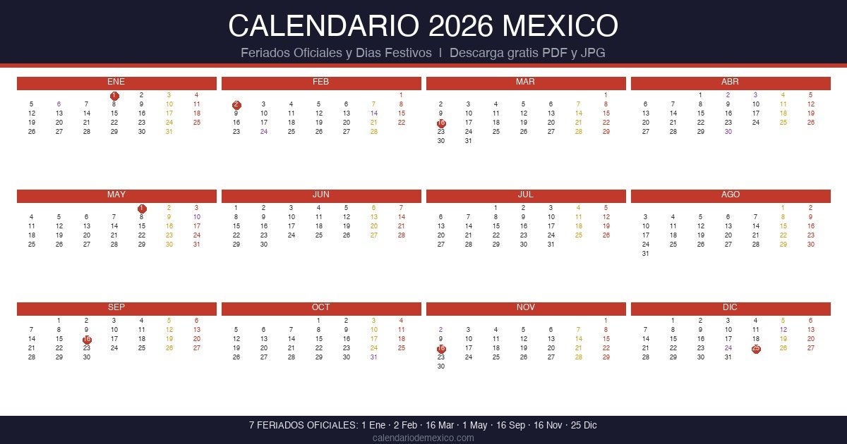 Calendario 2026 Mexico completo para imprimir con los 7 feriados oficiales marcados, festivos tradicionales y efemerides — descarga gratis en PDF y JPG